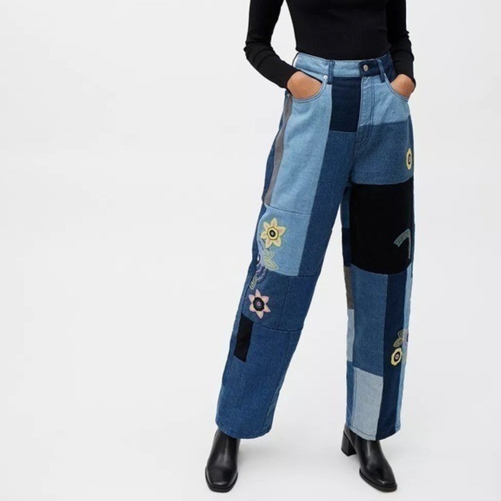 Urban Outfitters BDG Patchwork Embroidered High Waist Baggy Jeans Artsy Size 27